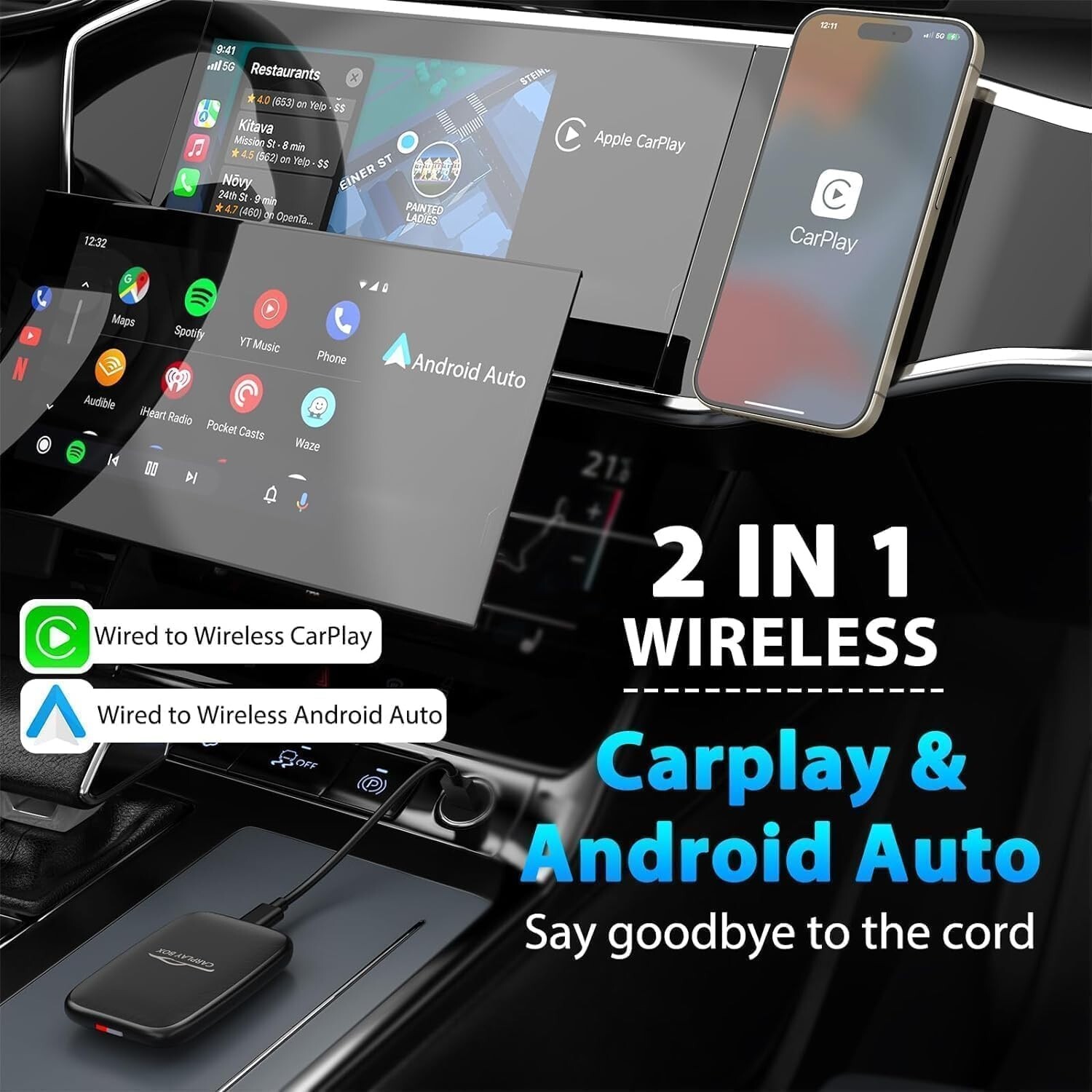 3 in 1 Wireless Carplay Adapter, Wireless Carplay and Android Auto Adapter Netfl