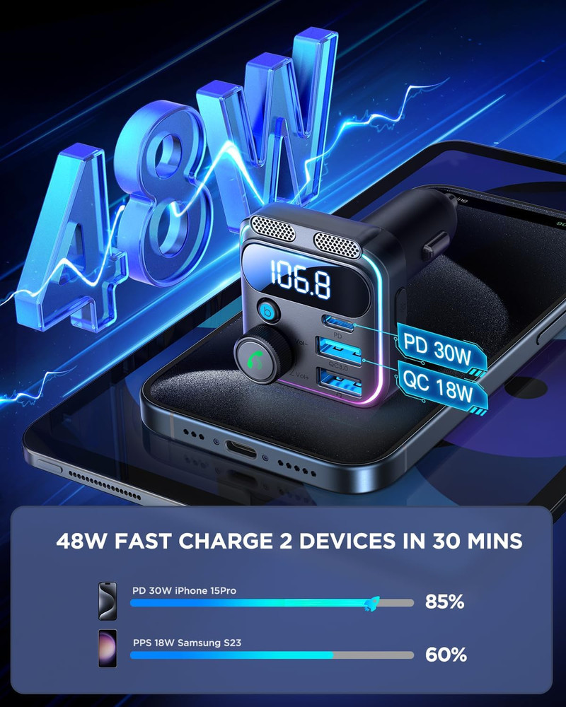 JOYROOM Bluetooth 5.3 FM Transmitter Car Adapter [Stronger Dual Mics & Hifi Deep