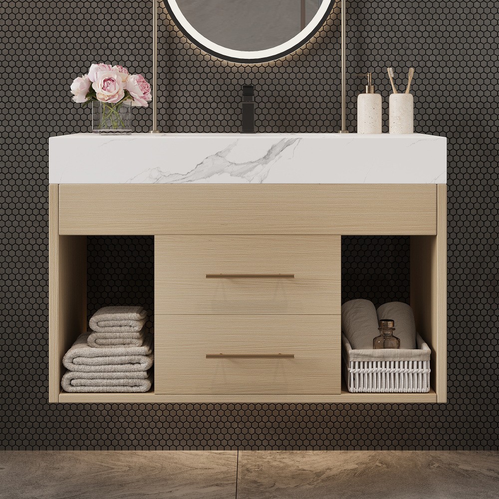 29.9" Modern Floating Bathroom Vanity with Sintered Stone Top &Ceramic Sink