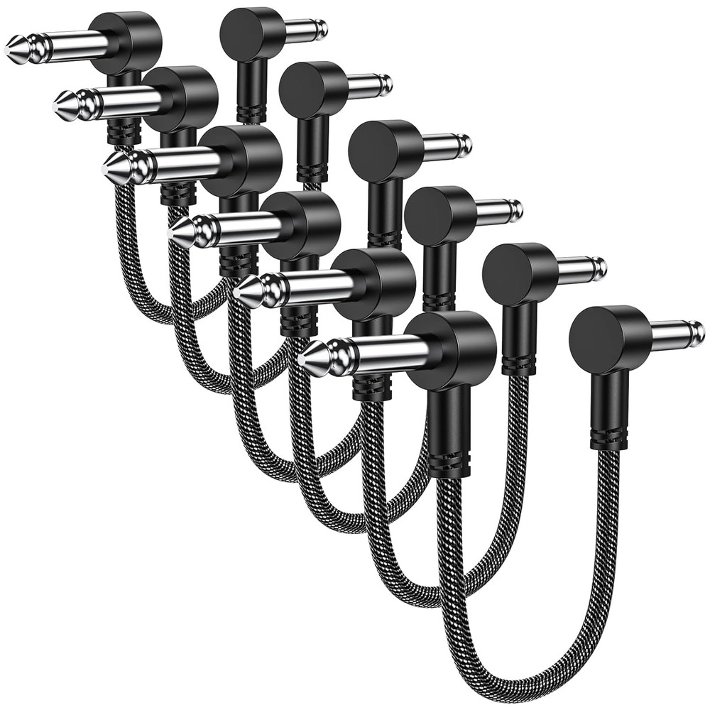 Guitar Patch Cables 6-Pack, 6-Inch Right Angle 1/4" TS Flat Cables