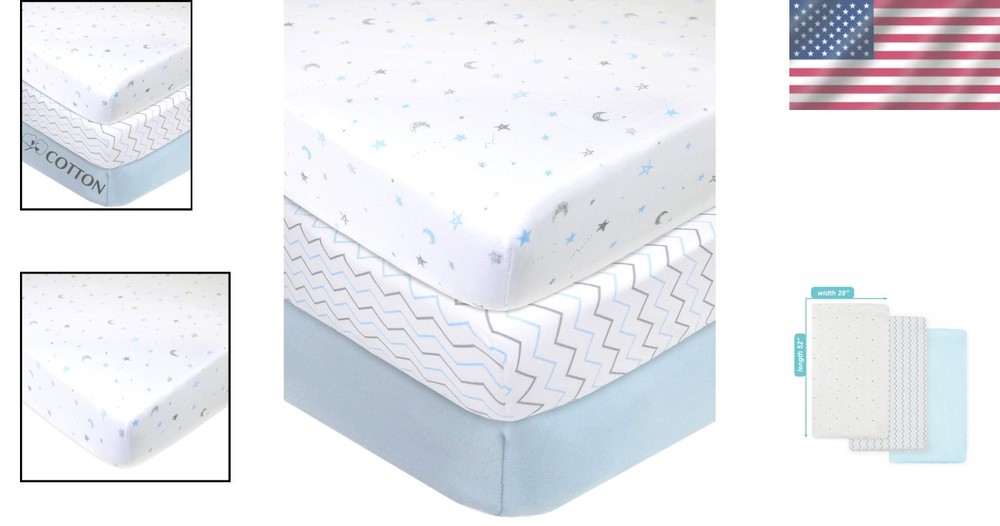 Soft Cotton Crib Sheets 3-Pack - Blue Star/Zigzag