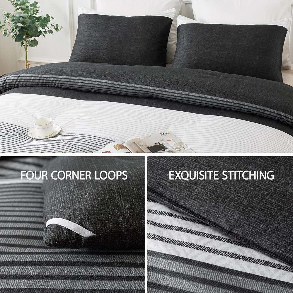 Full Size Comforter Set,3 Pieces Black White Gray Patchwork Striped