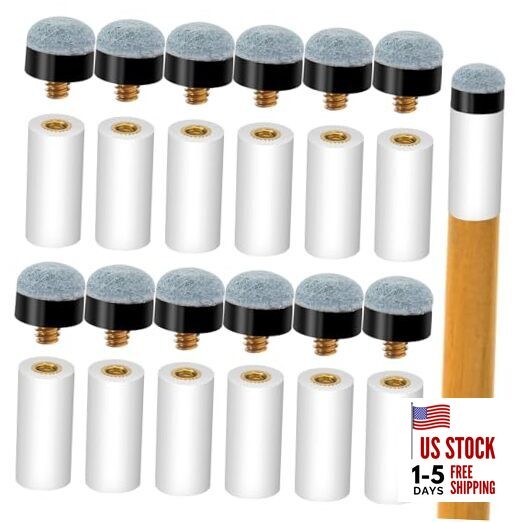 12 Sets Billiard Cues Tips Replacement with White Pool Cue Stick Ferrules,