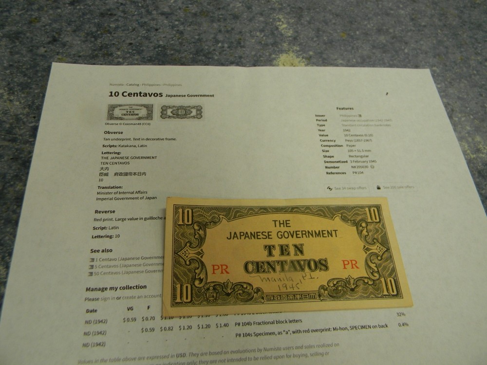 1942 Philippines 10 Centavos EF