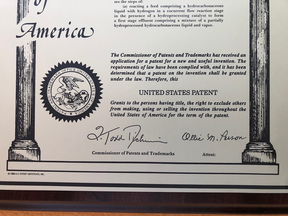 US Patent on Plaque Granted in 2000 for Hydroprocessing Process