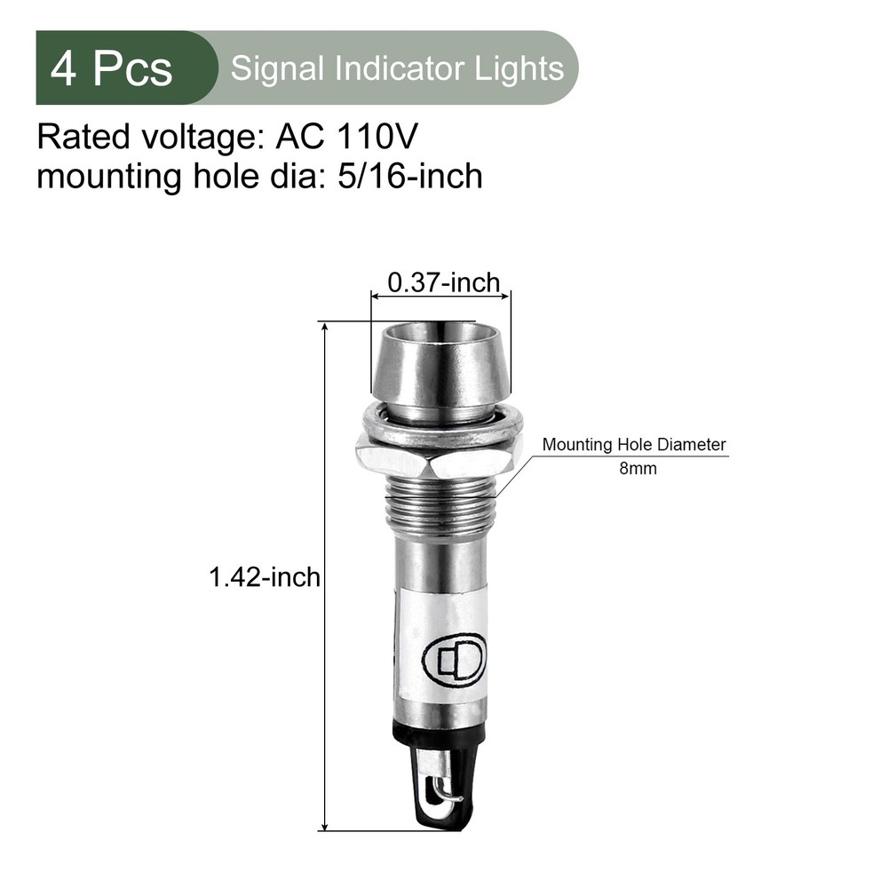 4 Pcs Indicator Light Panel Mount Metal Shell Red AC 110V 5/16" 8mm