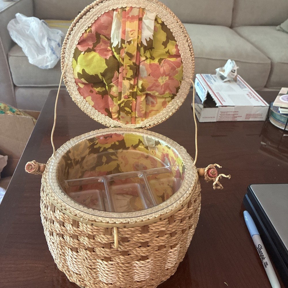 Vintage Round Woven Wicker Sewing Basket Small Boho lined w./ plastic insert
