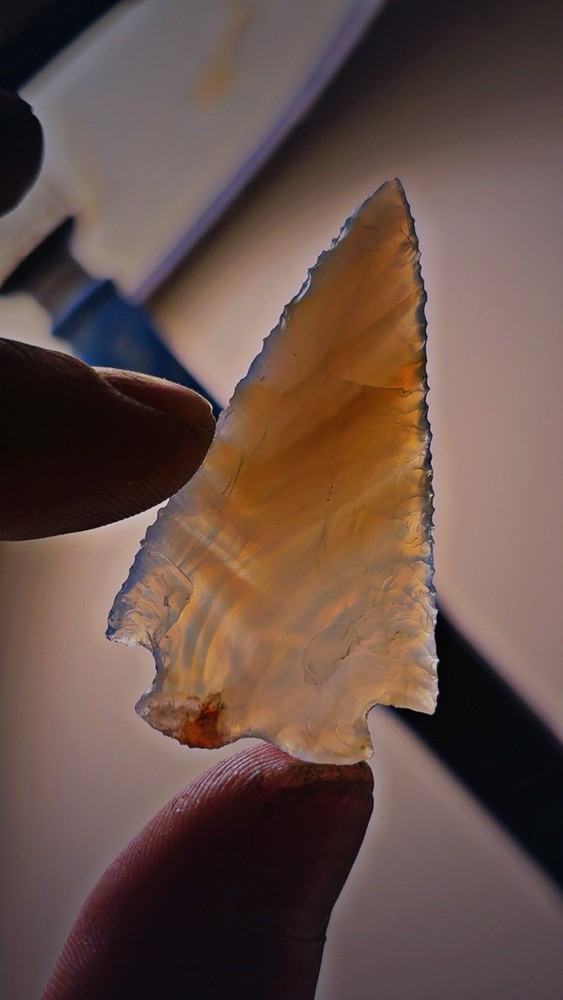 Flintknapped Laced Agate Unique Corner Notch Arrowhead, Extremely Beautiful