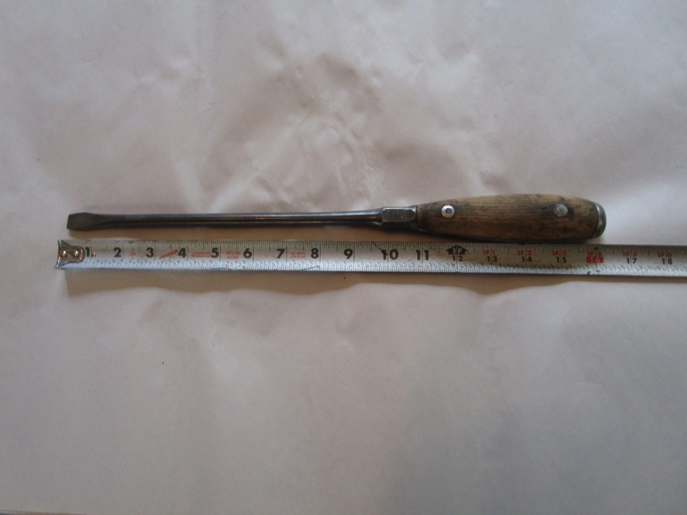 Antique Split Wood Perfect Handle Large Screwdriver, Flat Head, 16", Merit