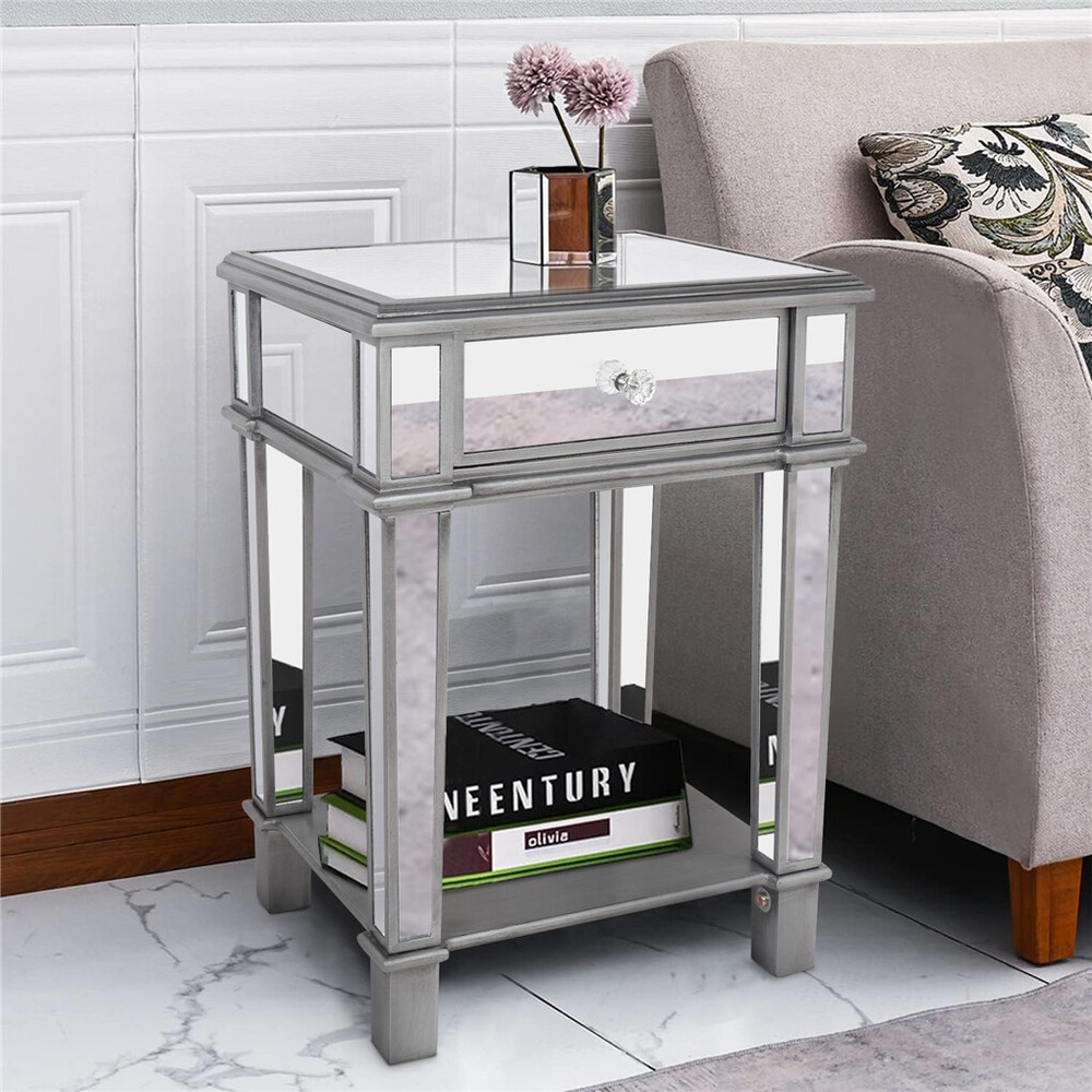2Tier Modern Silver Mirrored Side End Table Nightstand Bedside Table with Drawer
