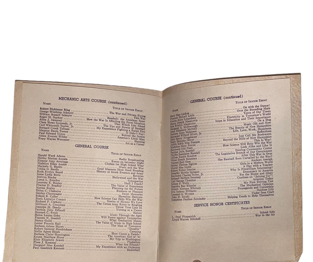 1942 KEENE HIGH SCHOOL NEW HAMPSHIRE Program Classes Course Catalog Staff