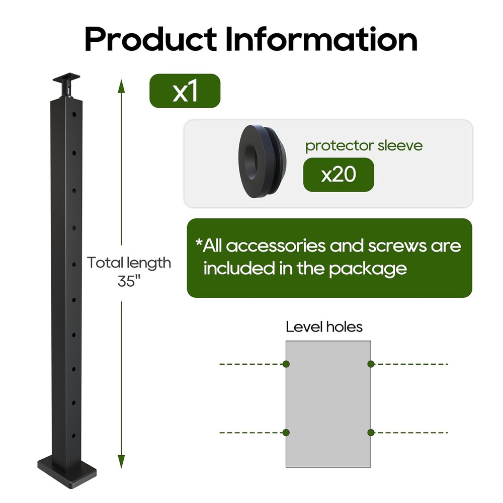 Level Drilled Cable Railing Post 36" (35"X2"X2"), Angle Bracket Stainless Steel