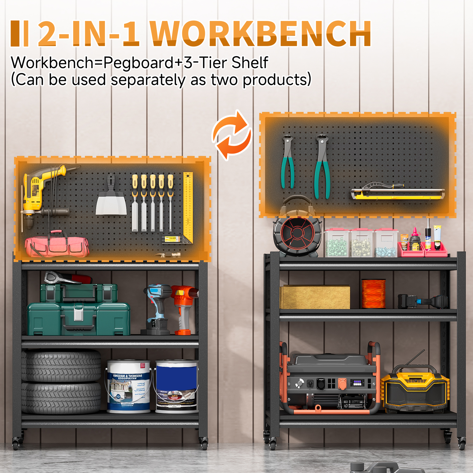 Garage Workbench Tool Storage Shelves w/Pegboard Metal Work Bench With 4 Wheels