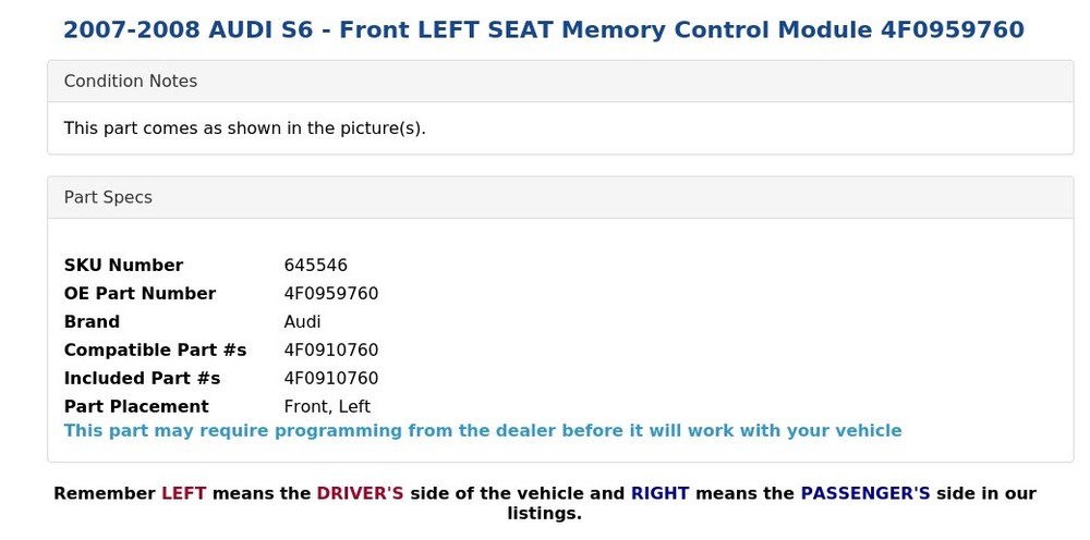 2007-2008 AUDI S6 - Front LEFT SEAT Memory Control Module 4F0959760