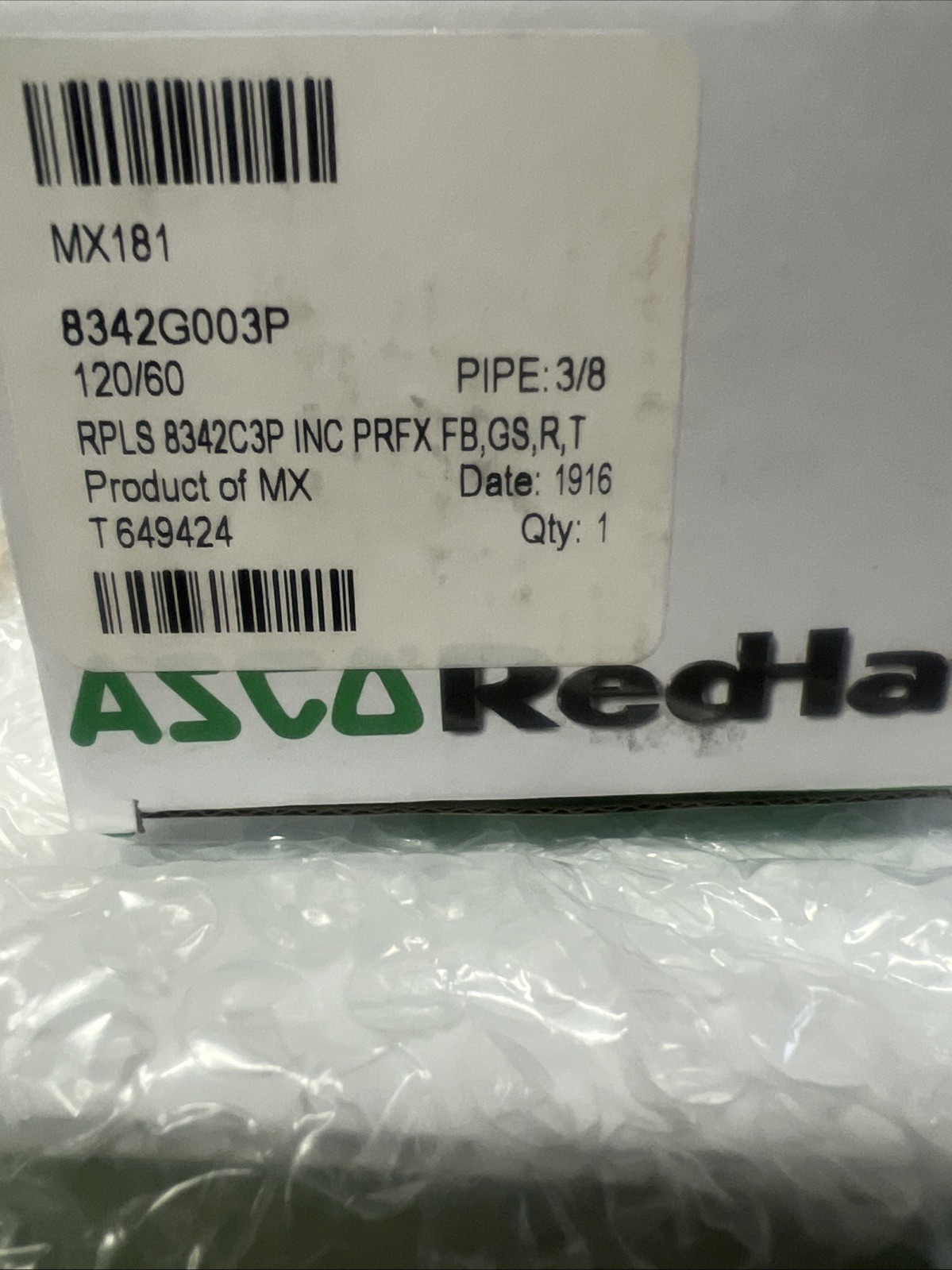 ASCO RED HAT 8342G003P Solenoid Valve: 3/8" NEW