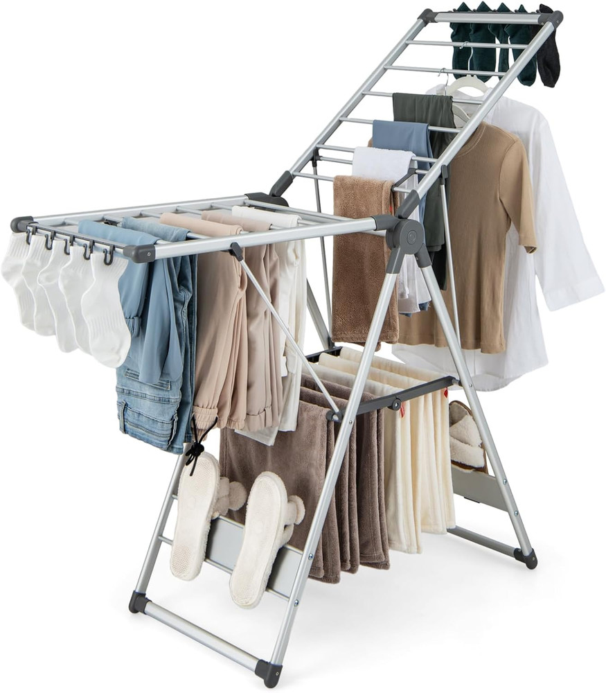 Space-Saving Collapsible 2-Layer Aluminum Drying Rack with Adjustable Wings