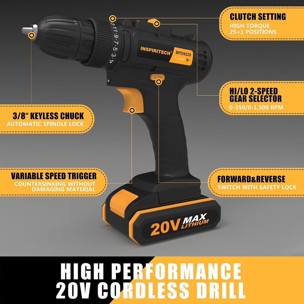 Electric Cordless Drill Driver with Bits Set & 2 Batteries 20Volt drill 2 Speed