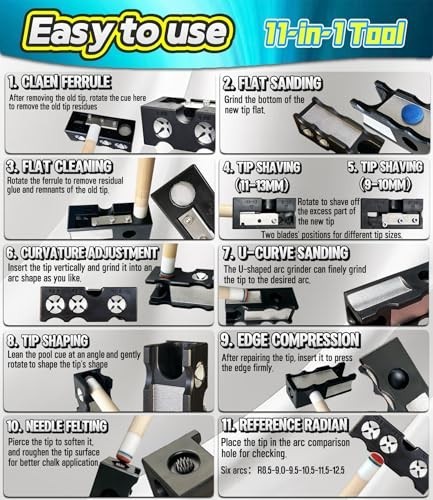 11-in-1 Pool Cue Tip Repair Kit Tool Set - Shape, Replace, Maintain Billiards