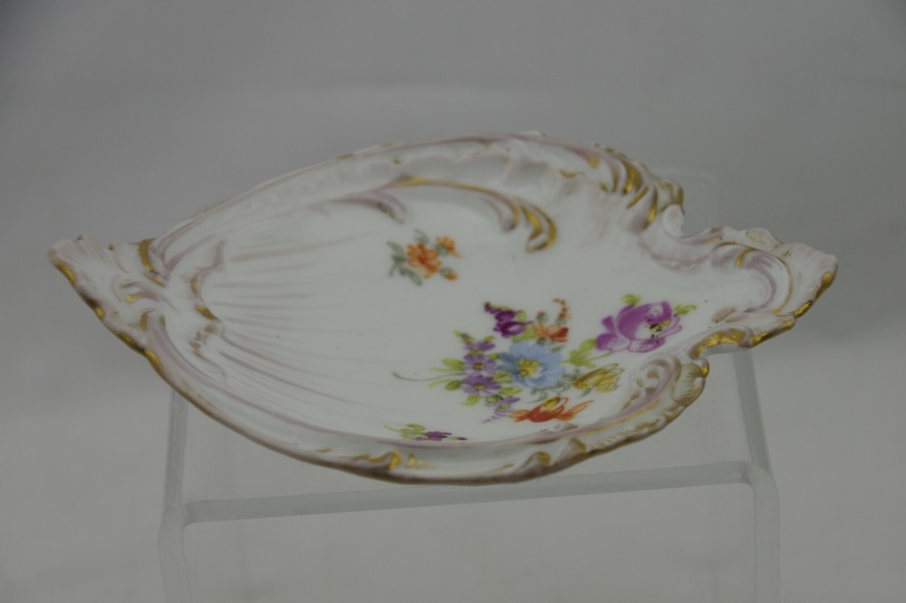 Dresden Flowers Shield Shaped Trinket Dish Germany Scrolls
