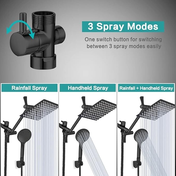 Matte Black 12 Inch Adjustable 3-Modes Rainfall Shower Spray Head Combo