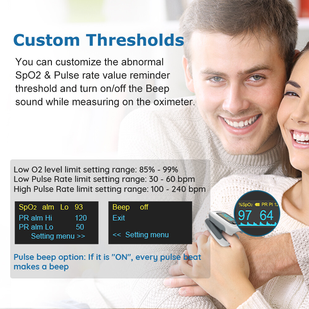 Vibeat Finger Pulse Oximeter with Alarm Check SpO2， Heart Rate， Perfusion Index