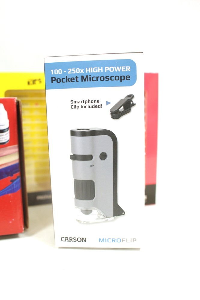 Carson MicroFlip Pocket Microscope 100-250x w/ 48-Pc Educational Prepared Slides