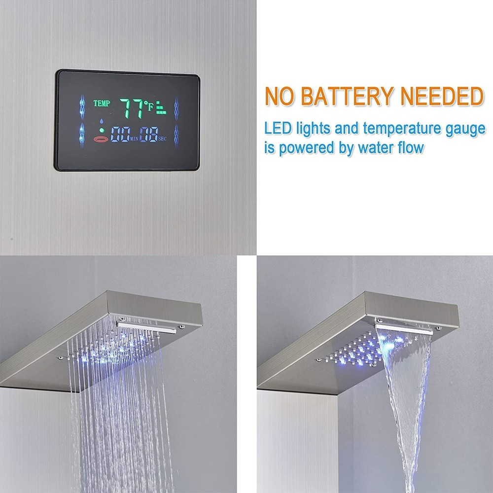Stainless Steel 6 Functions Shower Panel Tower LED Rainfall Massage System Jets