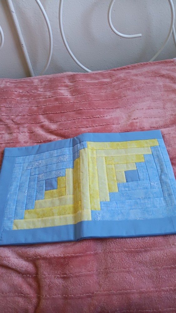 Vintage Handmade Quilted Table Runner Log Cabin Lt Blue Yellow