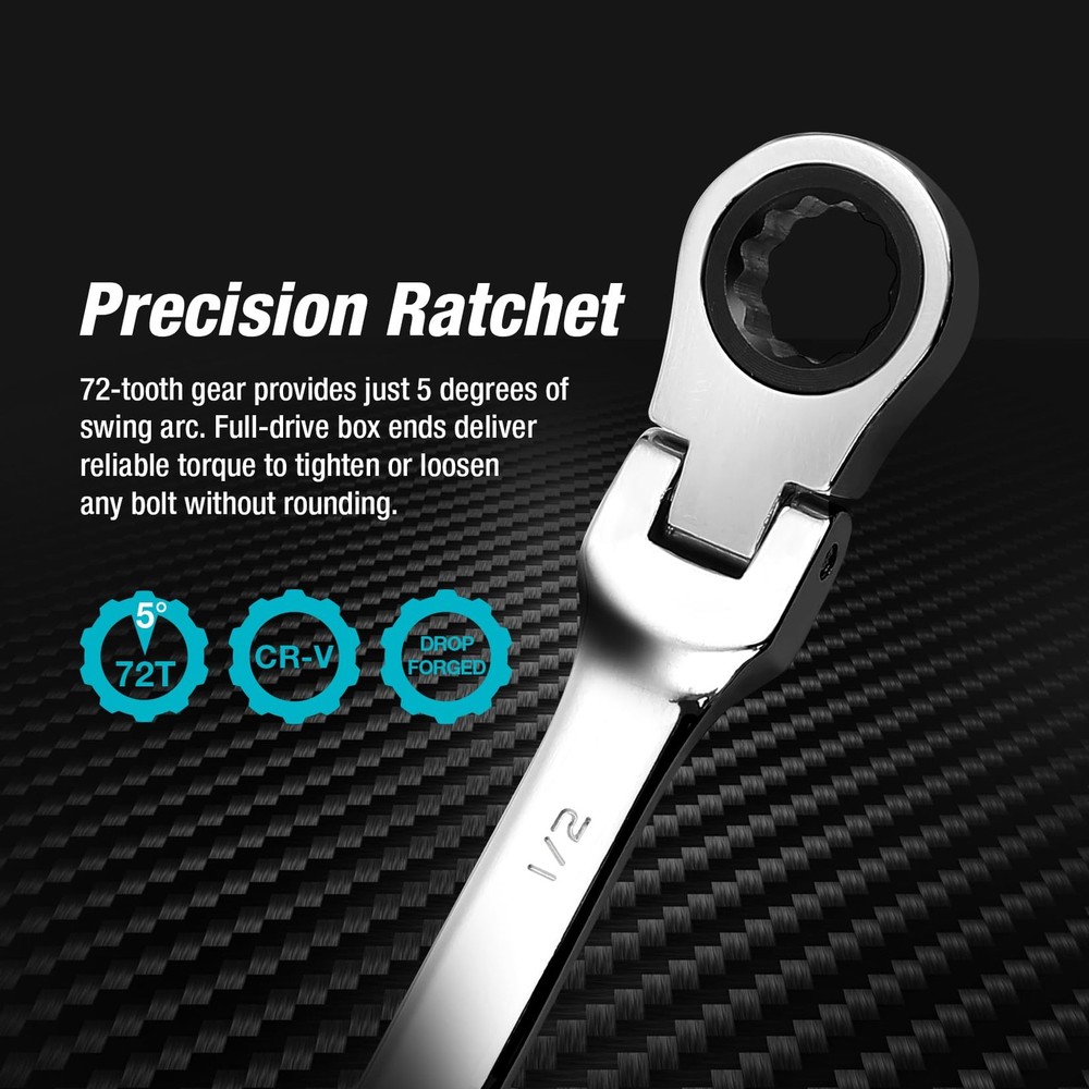 DURATECH 1/2" Flex-Head Ratcheting Combination Wrench, SAE, 1/2inch, Silver