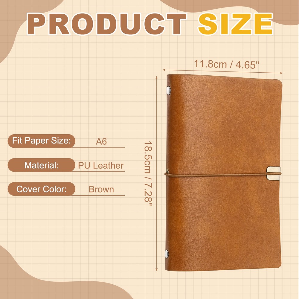 A6 Leather Binder Journal Cover, 6 Ring Elastic Closure, Brown