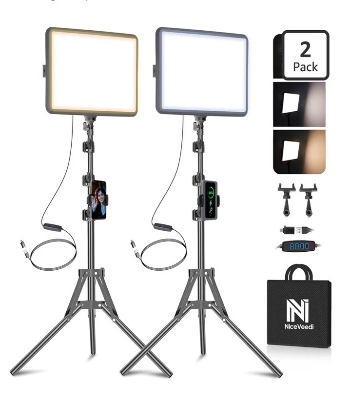 Professional 2-Pack LED Video Light Kit with Adjustable Tripod & USB-C Power