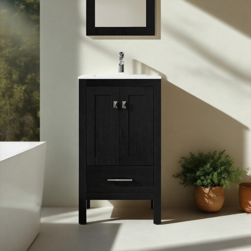 Bathroom vanity with white countertop and ceramic basin