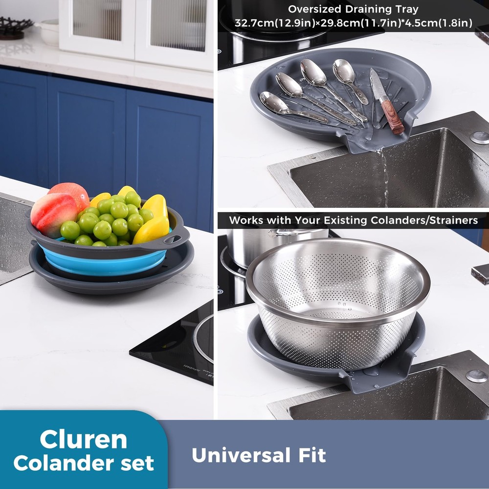 Collapsible Colander Set 3 Pack Foldable Strainers Gray-Blue Space Saving Base