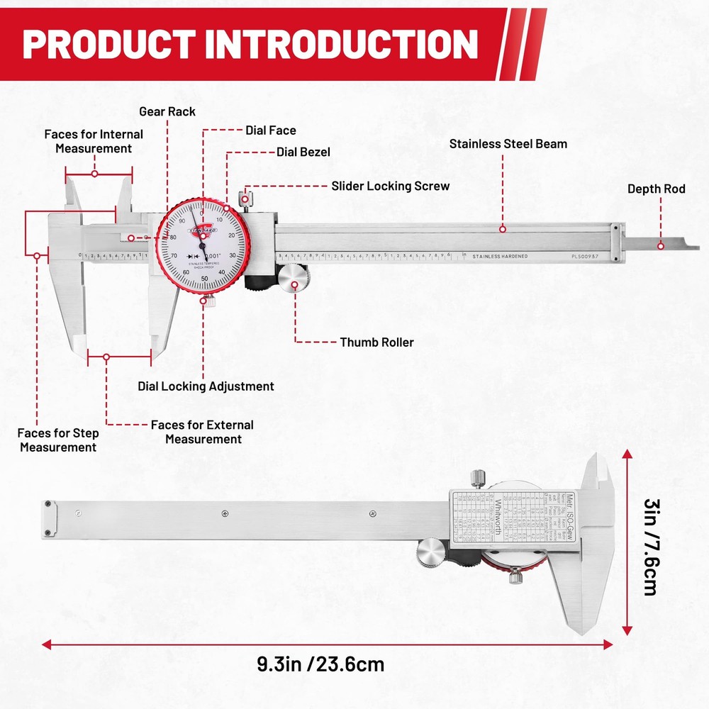 0-6" Range SAE Dial Caliper Measuring Tool, Analog Precision Micrometer Calip...
