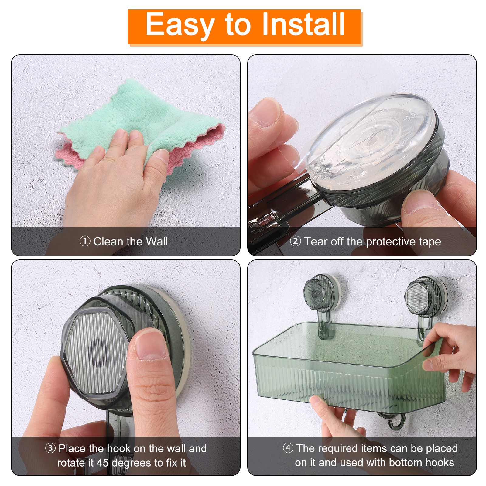 3.7" Suction Cup Shower Caddy Storage Organizer Shelf with Hooks Clear