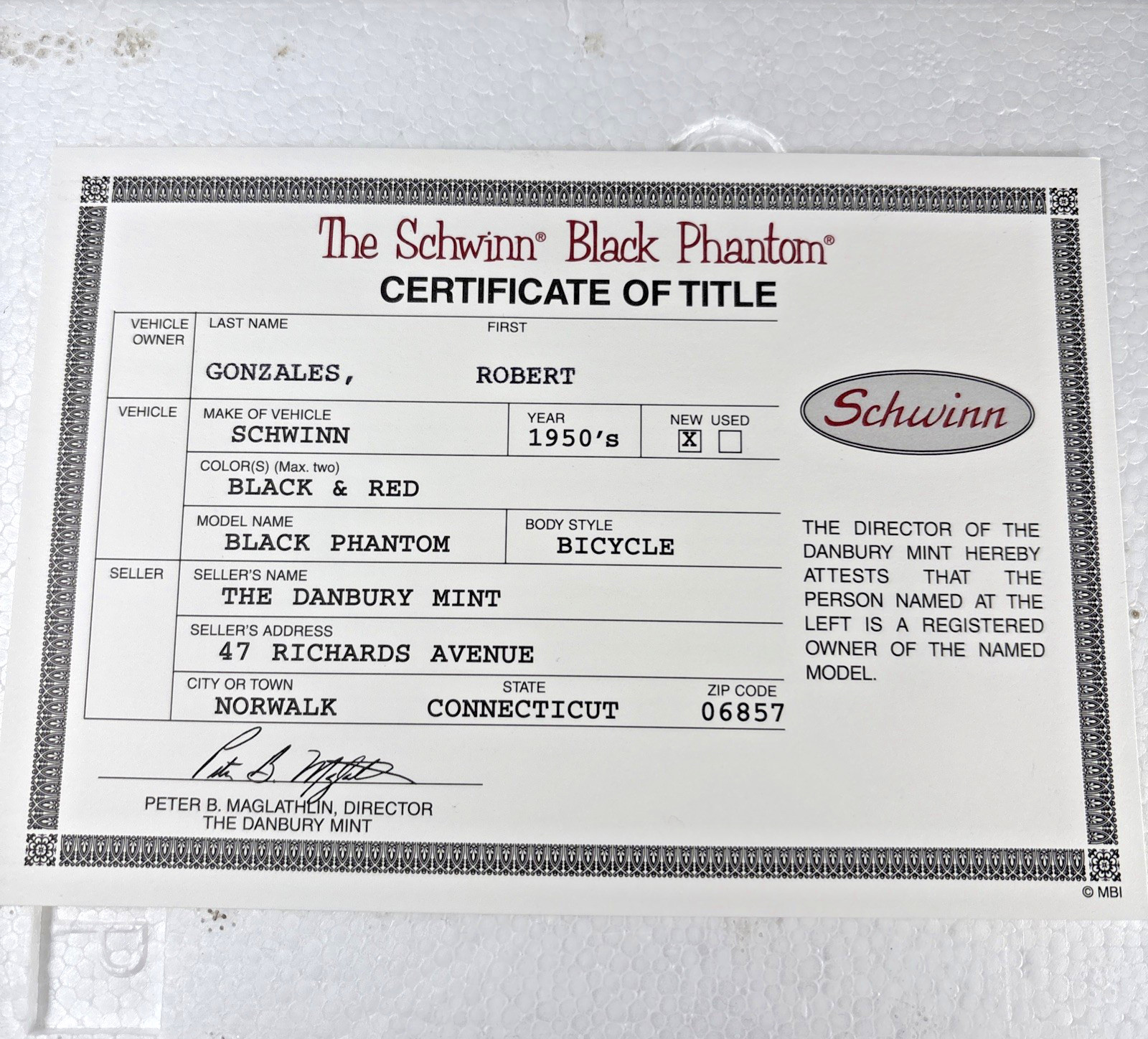 Danbury Mint Schwinn Black Phantom 1:6 Scale Die Cast Model Bicycle COA & BOX