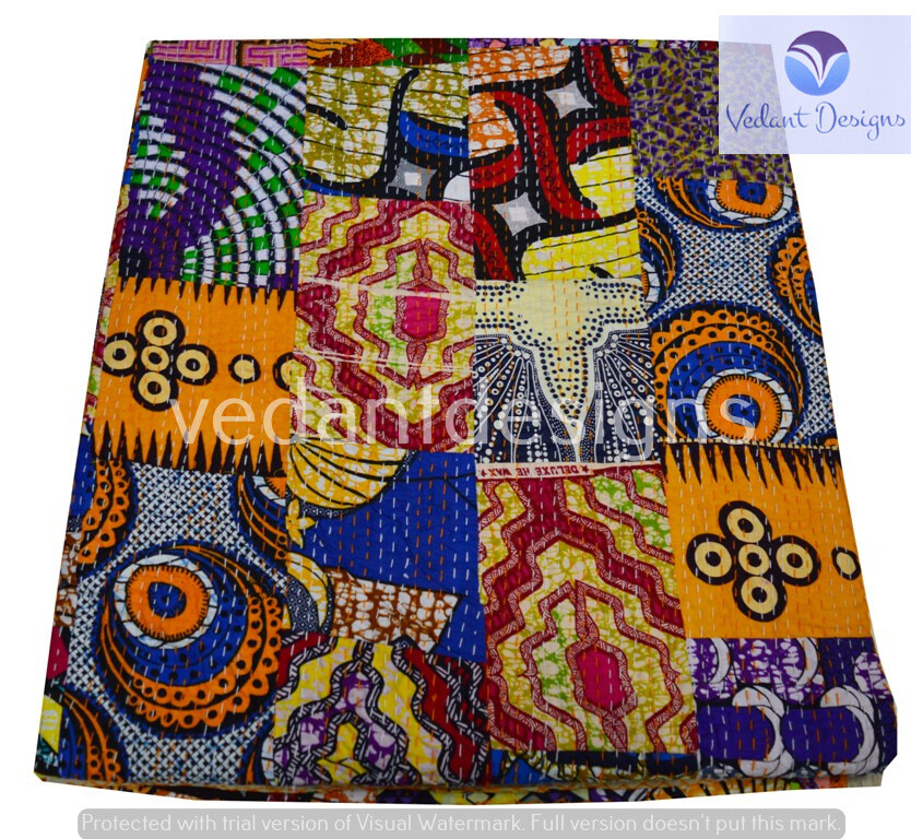 Handmade Patchwork Kantha Embroidery Queen Blanket Throw Indian Bedspread