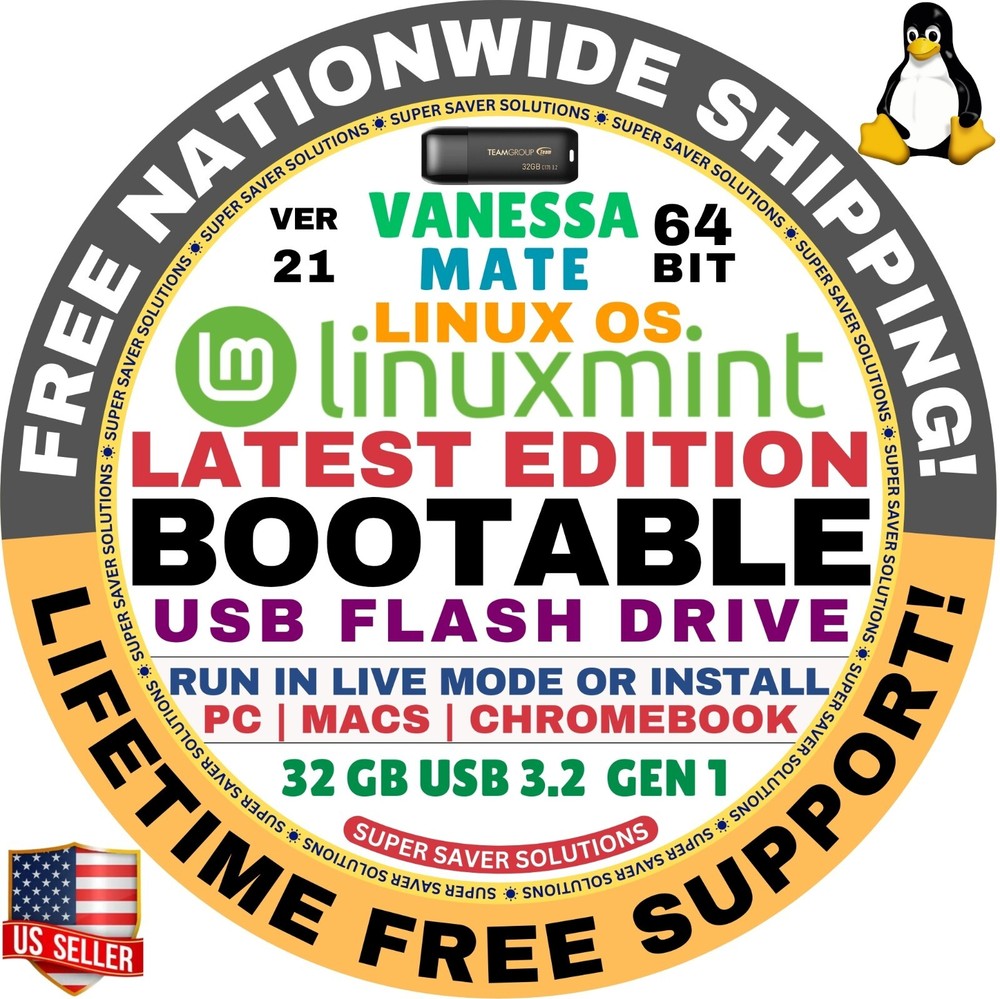Linux MINT 21 USB VANESSA Mate 64-Bit Live Boot, Full Install for MAC, PC