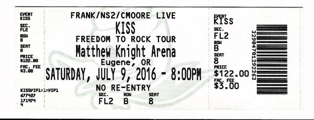 Kiss the band 7/9/16 Eugene OR Matthew Knight Arena Rare Ticket!