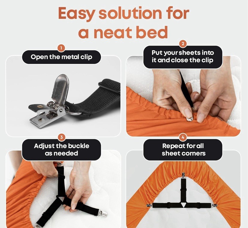 4 Pack Bed Sheet Holder Straps Adjustable Fitted Sheet Clips Corner Grippers