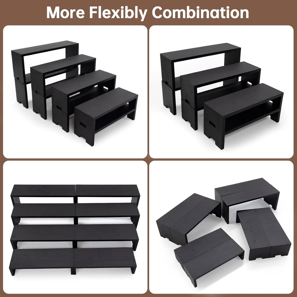 2 Set Large Black Display Risers Wooden Tiered Risers for Display Stand 4 Tiered