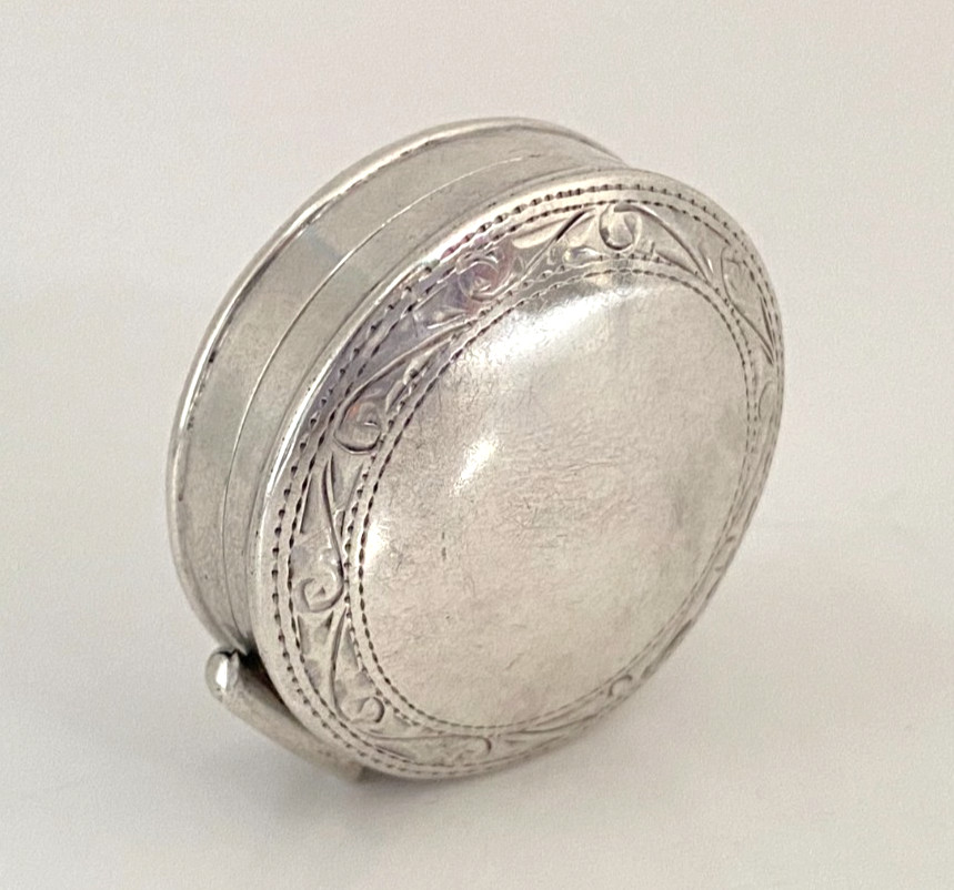 Vintage Carrs Solid Silver Hinged Pill Box Chased Foliate Border Hallmarked