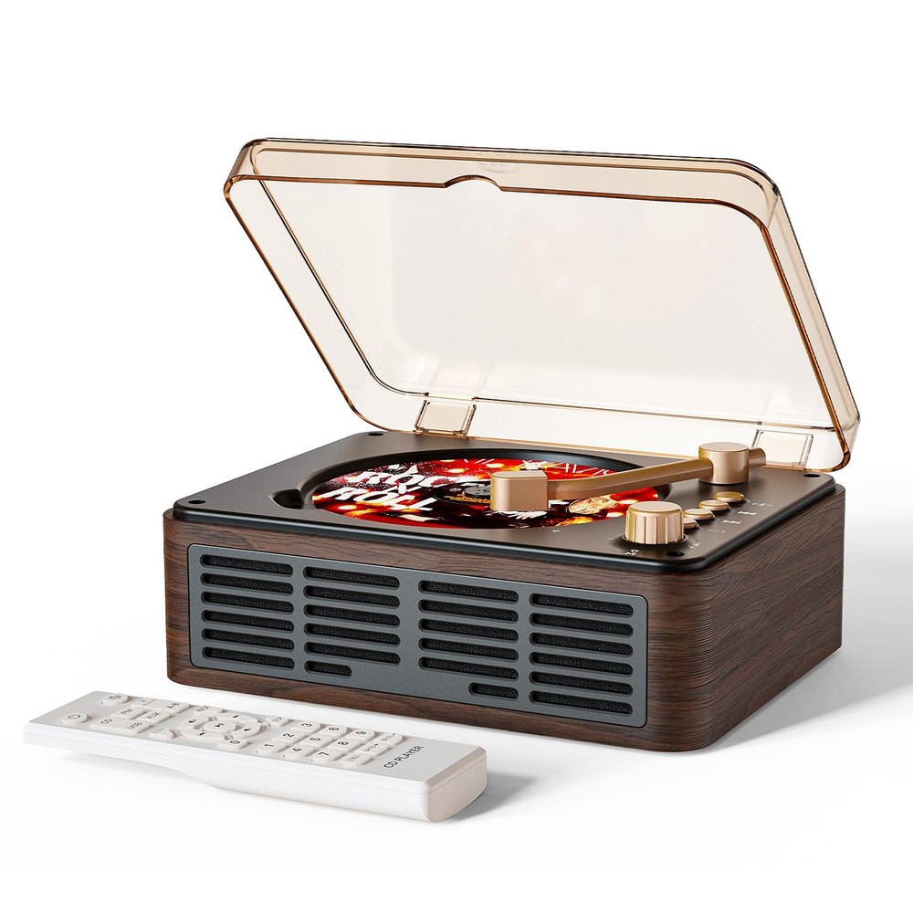 CARONSORT CD Player with Speakers Bluetooth Nostalgic Small, Walnut-Brown