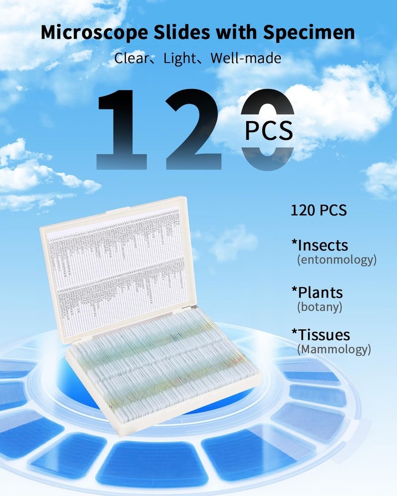 120-Pcs Microscope Slides with Specimens,Plant, Animal, Algae,etc,Educational...
