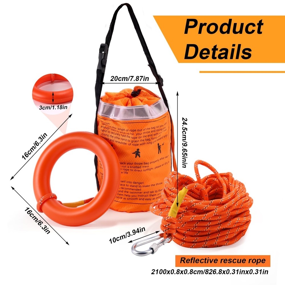 Professional Water Rescue Throw Bag, 69FT Reflective Floating Rope with Quick...