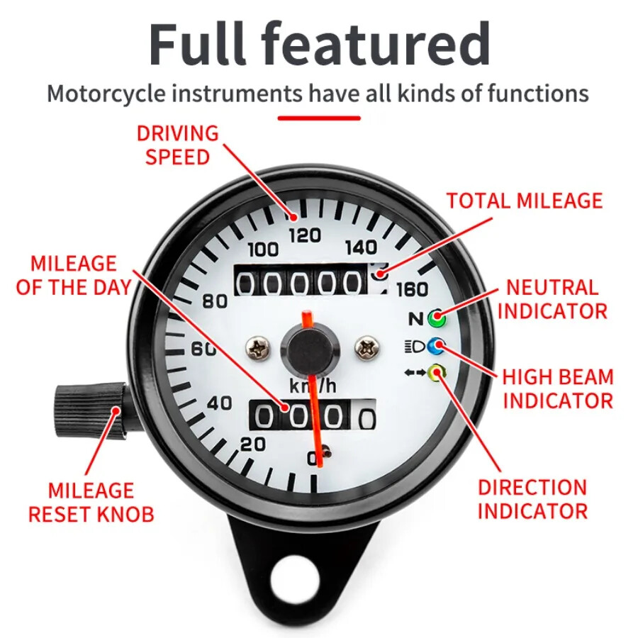 Universal Part Three Light Double Mileage 12V Motorcycle LED Display Speedometer