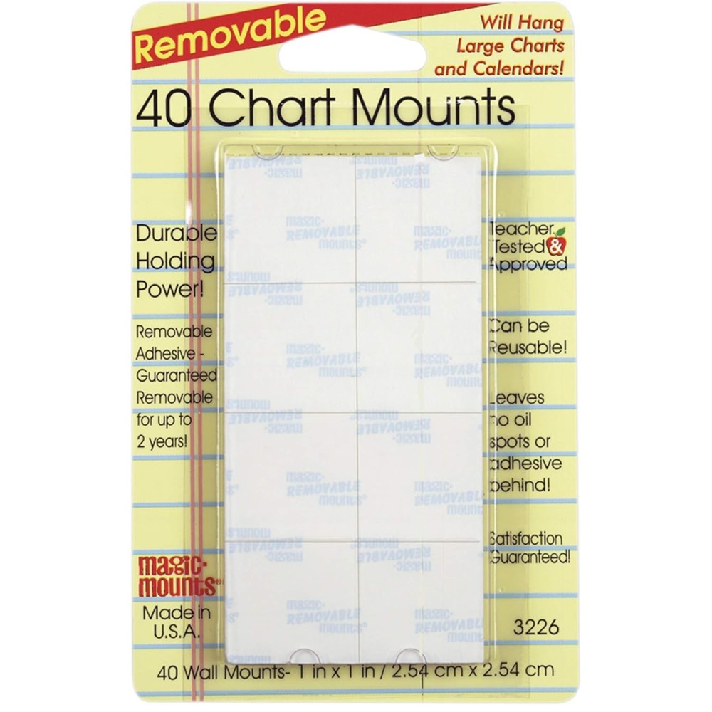 Magic Mounts Removable Chart Mounts, 1" x 1", Pack of 40 (MIL3226) White
