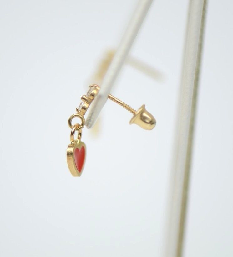 14K Solid Yellow Gold Enamel Heart Shape Dangle Stud Earring