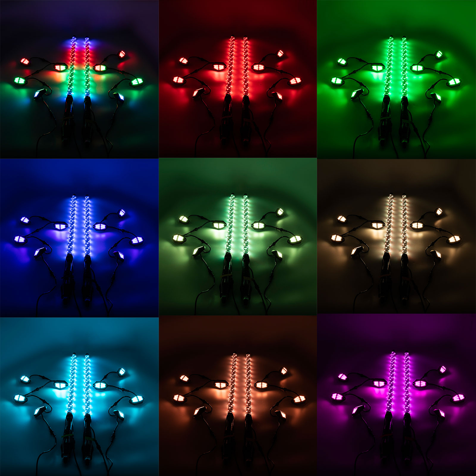 Pair 4FT Spiral RGB LED Lighted Whip Lights + 8 Pods Rock Light For ATV UTV RZR