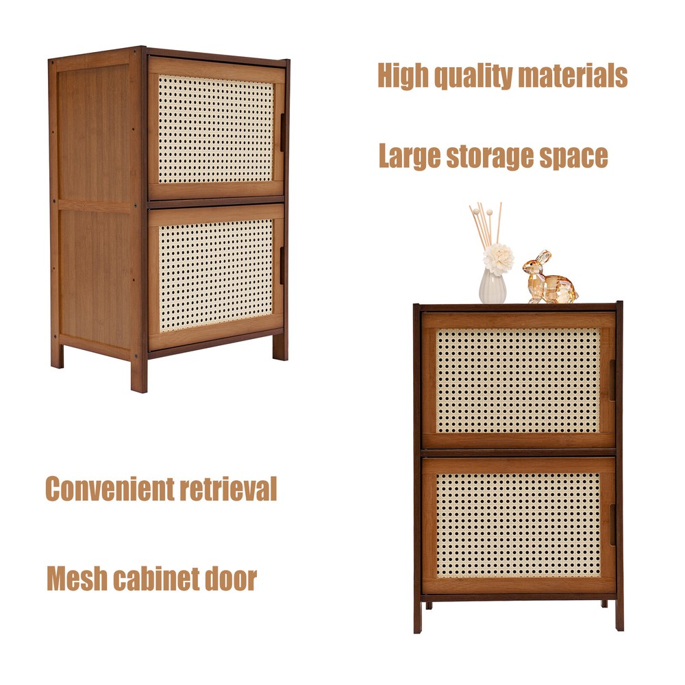 Nightstand With Decor Drawers Rattan Pattern End Table - Bamboo Sofa Side Table